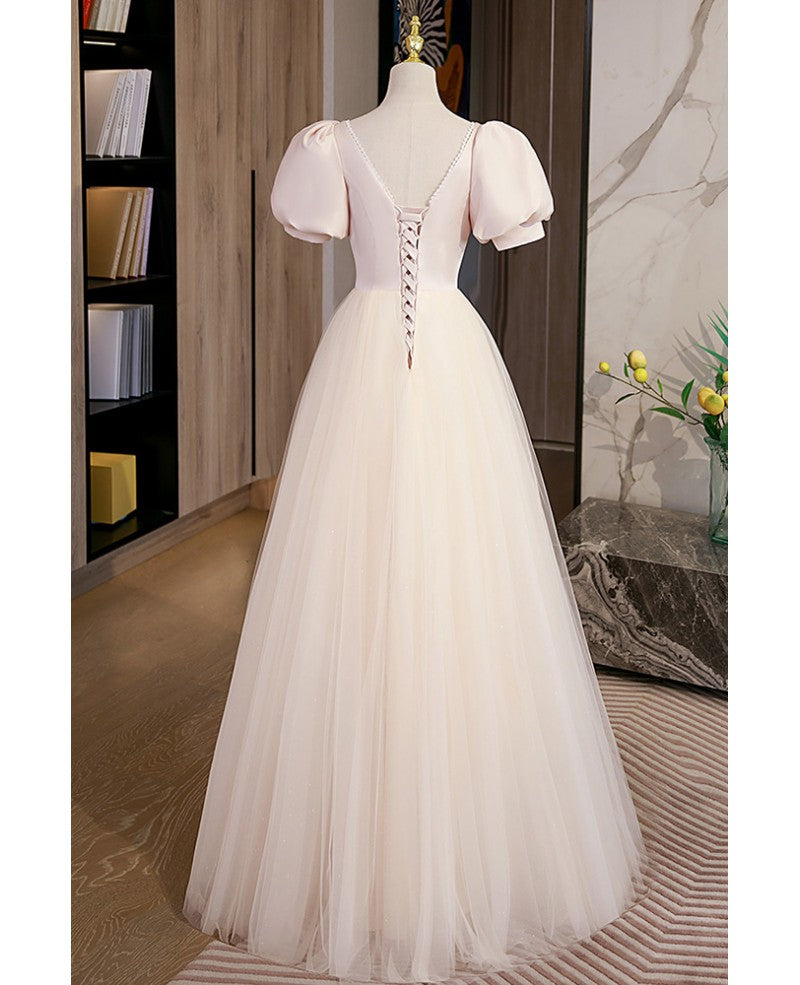 Simple and elegant red pink square neckline fluffy short sleeved ball dress with red pink A-shaped princess backless strap and ground length prom dress